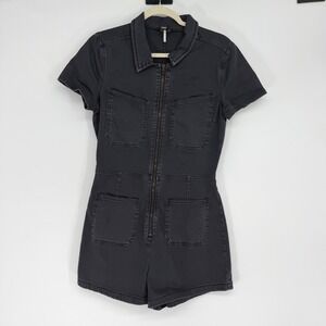 Free People Black Denim Romper Short Sleeve Utility Zip Front Size 8